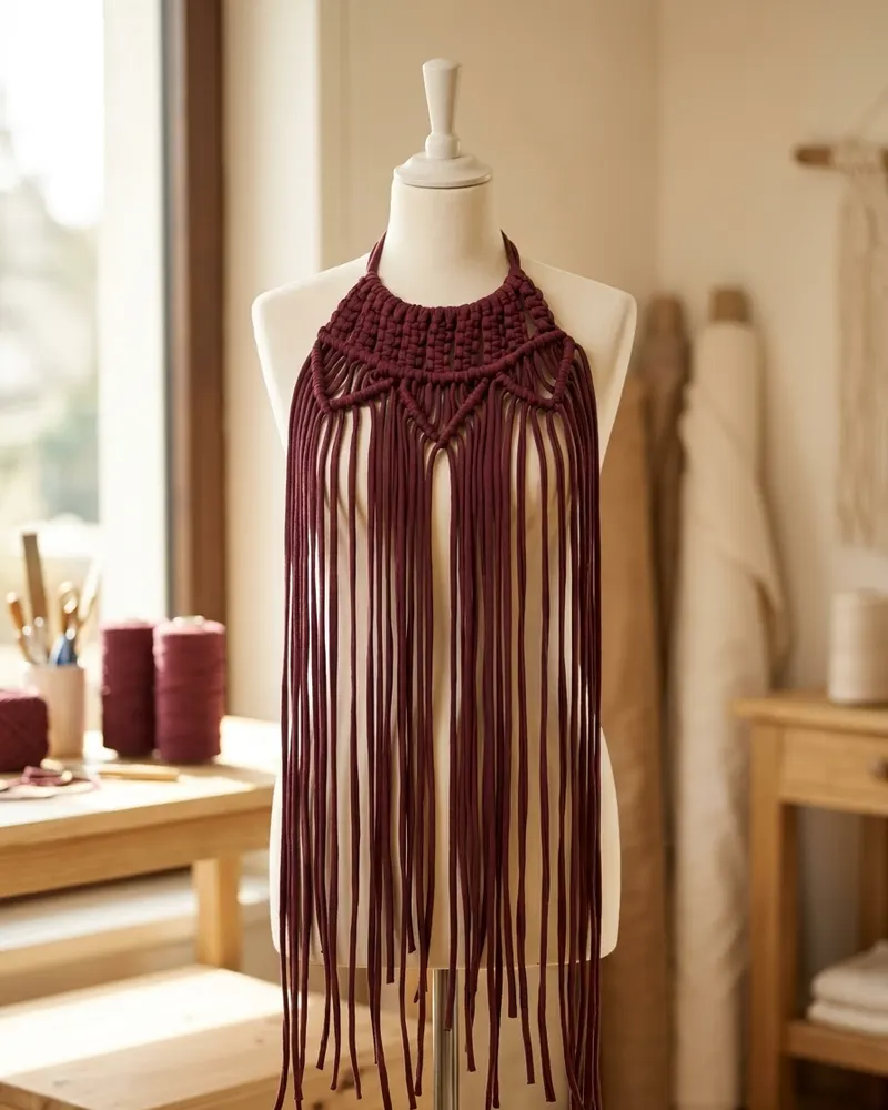 Weinrotes Makramee-Top mit Neckholder-Ausschnitt und langen Fransen, an einer Schneiderpuppe im Atelier