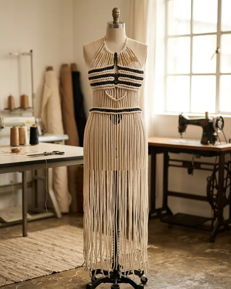 Cremefarbenes langes Makramee-Kleid mit schwarzen Perlenreihen, an einer Schneiderpuppe im Nähatelier