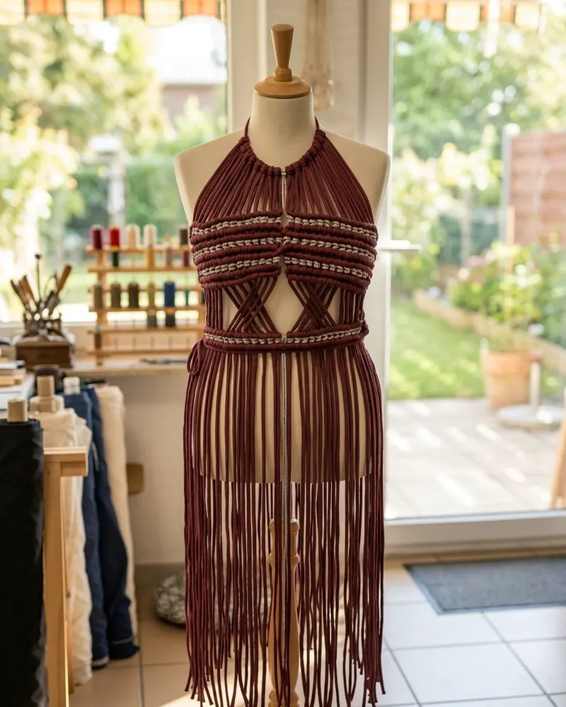 Weinrotes langes Makramee-Kleid mit silbernen Perlenbändern und Cut-outs, an einer Schneiderpuppe vor dem Fenster