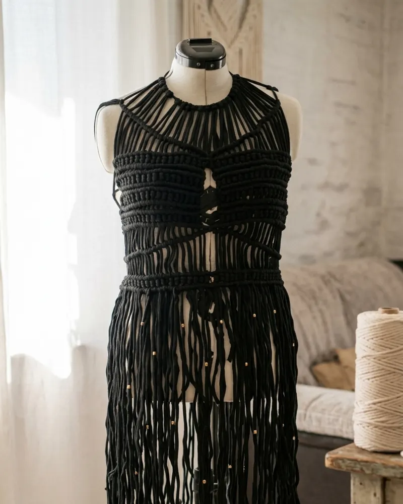 Schwarzes Makramee-Kleid mit langen Fransen und goldenen Perlen, an einer Schneiderpuppe im Atelier